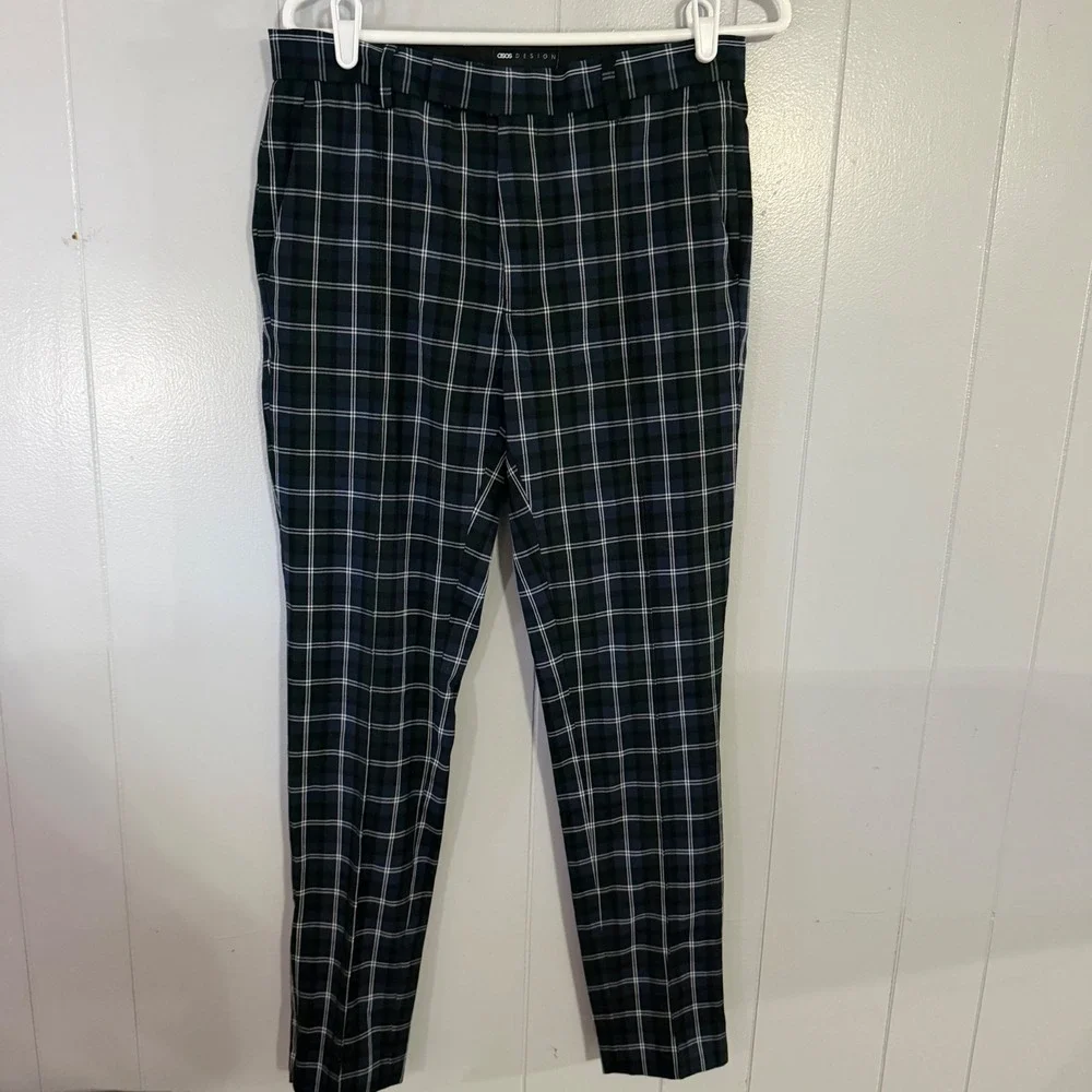 ASOS DESIGN Plaid Trousers Mens‎ 32x32 Navy Green Tartan Skinny Smart Pants